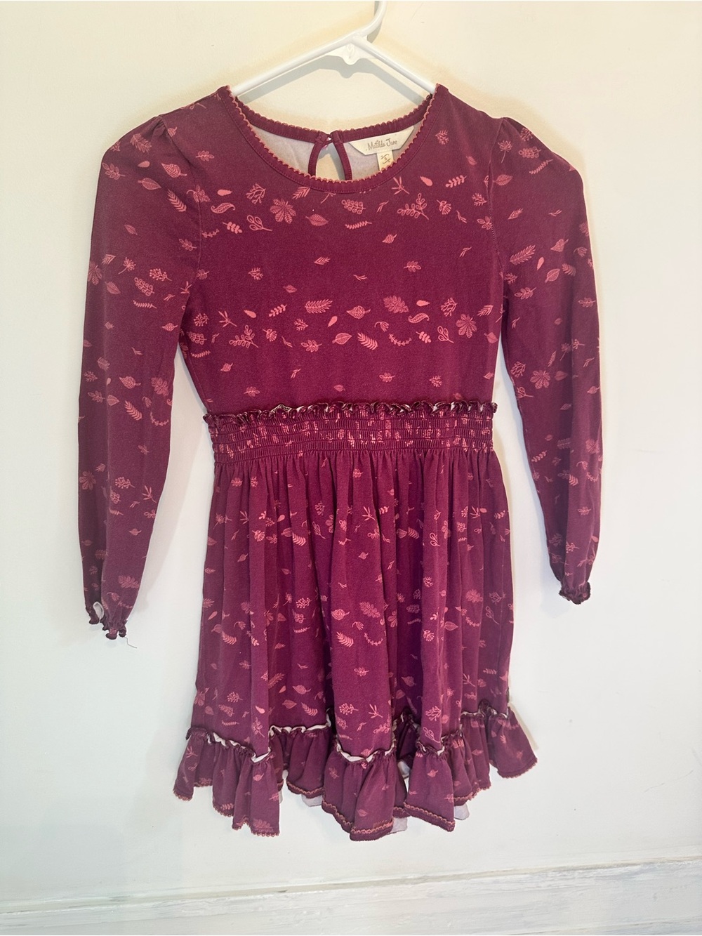 Matilda Jane Maroon Floral Smocked-Waist Long Sleeve twirling Dress with ruffles